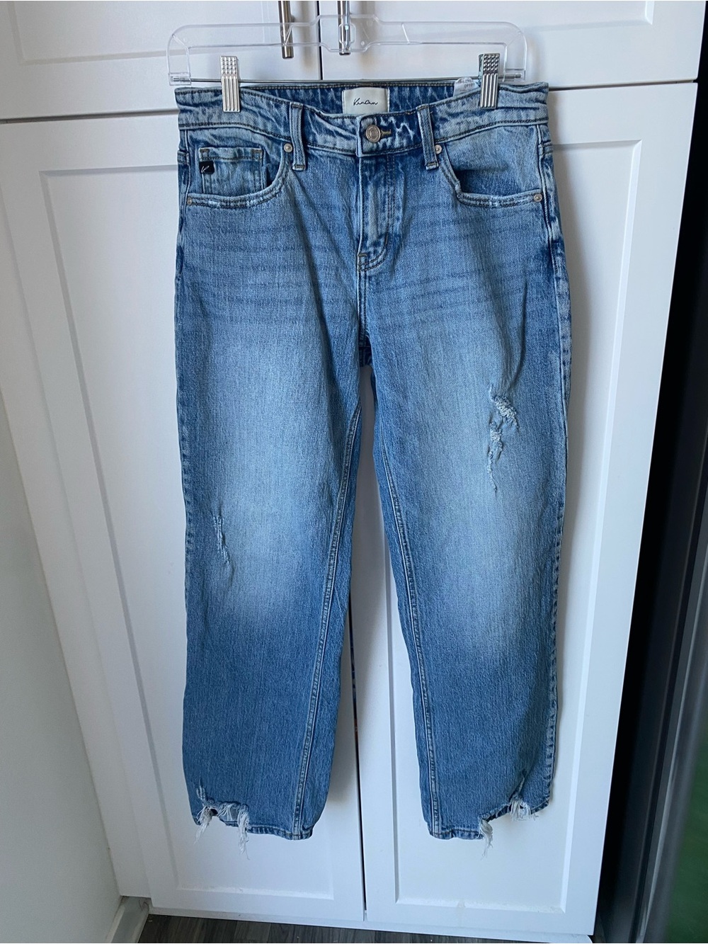 Kancan women’s 7/27 waist distressed light blue jeans